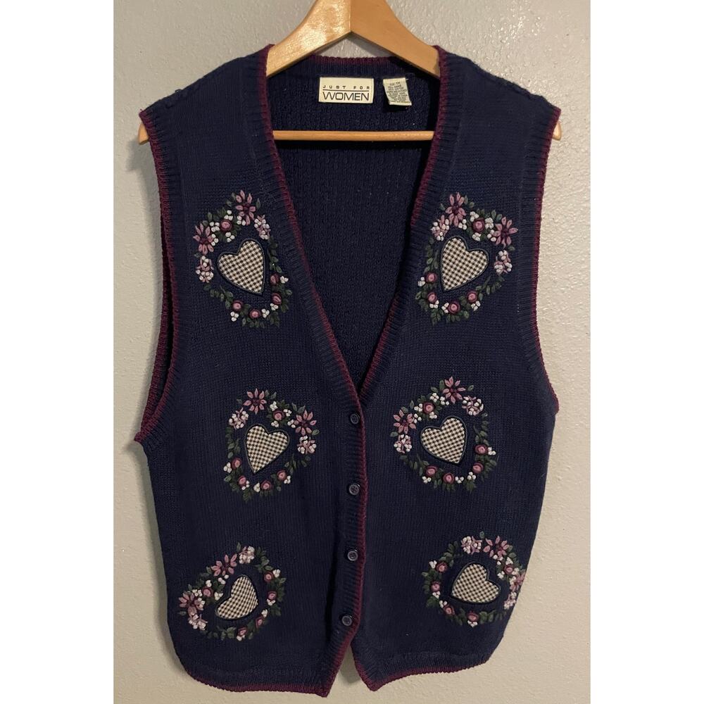 VTG Just For Women Sweater Vest 1X Blue Heart Floral Embroidered Cottagecore 90s